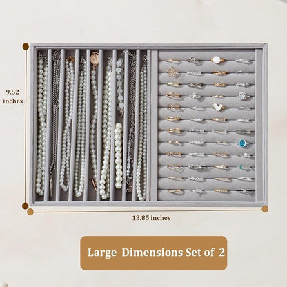 Large Velvet Jewelry Tray 2 Pack Stackable Jewelry Display Drawer Inserts Trays Organizer for Earring Bracelet Necklace Ring (Gray, Ring and 9 Grids)