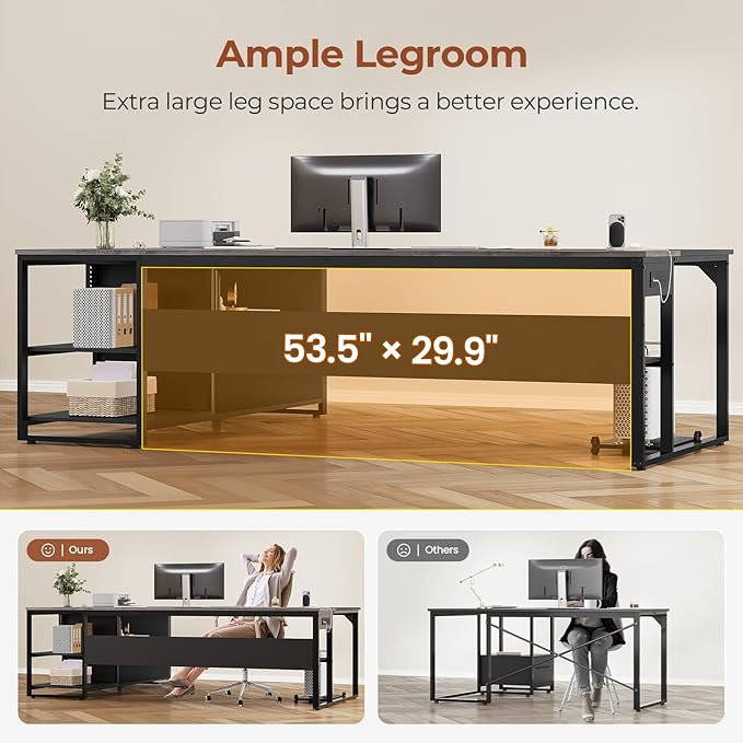 71" Executive Desk, Large Office Desk with Widen File Drawers & Power Outlets, Reversible L Shaped Computer Desk Corner Desk with Storage Shelves, CPU Stand, Hooks, Business Furniture (Grey)