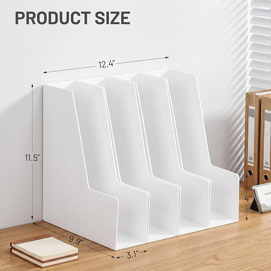 CiWiVOKi Vertical Magazine File Holder, Desk Organizer and Storage for Magazines, Binders, Notebooks, Envelopes, Multi-Purpose Desktop File Organizer for Home, Office & Classroom, 4 Pack, White
