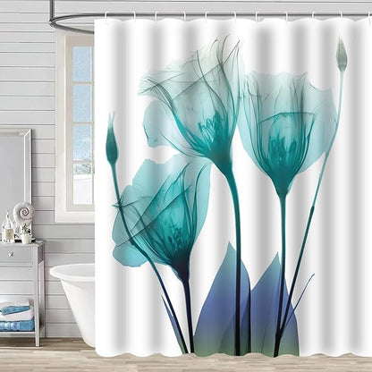 Teal Floral Shower Curtain Turquoise Tulip Flower Shower Curtains for Bathroom Waterproof Polyester Fabric Bath Curtain 72 x 72 Inch with 12 Hooks
