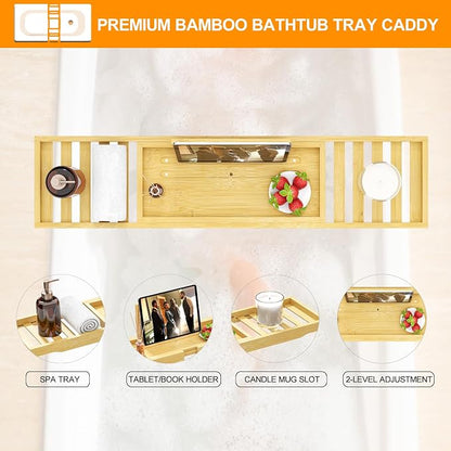 Bathtub Tray - Bath Tray Expandable - Bath Table Trays for Bathtub/Tub,Premium Bamboo Wooden, Fits Most Bath Tubs
