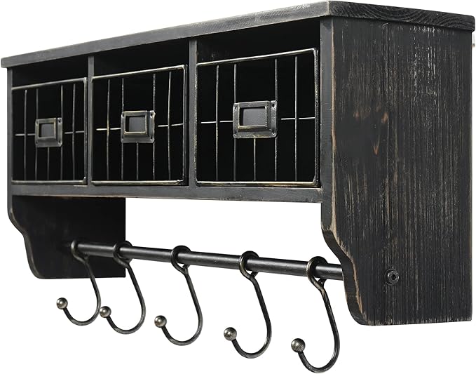 HBCY Creations Wall Mounted Shelf with Coat Hooks and Baskets, Solid Wood Entryway Organizer Wall Shelf with Hooks - Hang Coats, Keys, Rustic Blackwash 24" Wide