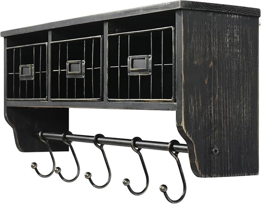 HBCY Creations Wall Mounted Shelf with Coat Hooks and Baskets, Solid Wood Entryway Organizer Wall Shelf with Hooks - Hang Coats, Keys, Rustic Blackwash 24" Wide
