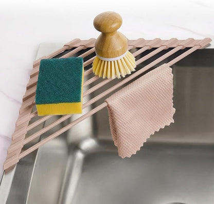 Tomorotec Small Triangle Roll-Up Dish Drying Rack with Silicone Coating Stainless Steel Frame for Sink Corners, Over-The-Sink Kitchen Drainer & Organizer for Space-Saving Storage-Light Brown