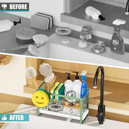 Taugast Sponge Holder for Kitchen Sink with Flexible Sponge Holder Smiley Face,2 Tier Kitchen Sink Organizer Countertop and Storage Essentials,Soap Dispenser Organize,Home Decor Accessories-Green
