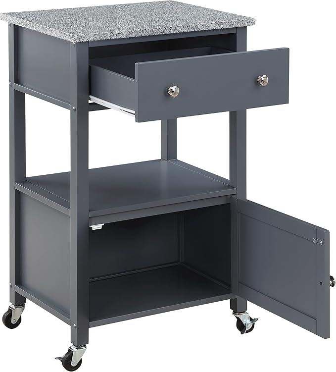 OSP Home Furnishings Fairfax Farmhouse Kitchen Cart with Granite Top, Rolling Storage Cabinet with Towel Rack, Shelf and Drawer, Grey Finish