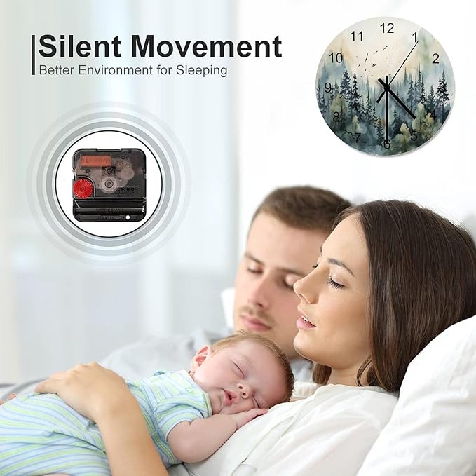 Forest Wall Clock 12 Inch Silent Non Ticking Clock Wooden, Watercolor Style Nature Mountain Woodland Green Forest Flying Birds Wall Clock Battery Operated Kitchen Bedroom Living Room Decor