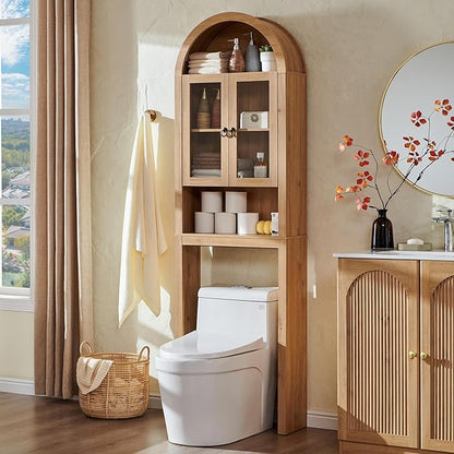 IFGET Arched Over The Toilet Storage Cabinet with Acrylic Doors, Modern Over Toilet Bathroom Organizer Shelf, Small Wooden Bathroom Storage Cabinet with Adjustable Shelf,Space Saver, Natural Oak