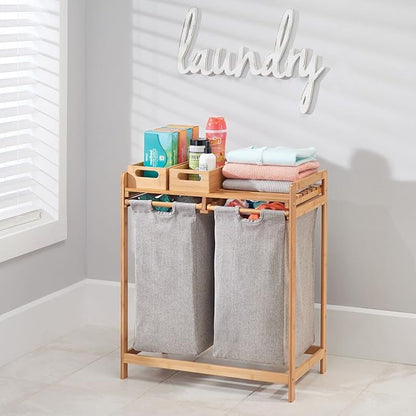 mDesign Freestanding Bamboo 2 Section Double Laundry Organizer Hamper with Removable Storage Sorter Bags, Space-Saving Basket Duo with Handles for Clothes/Linens - Echo Collection - Natural/Tan