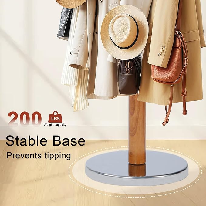 Wooden Coat rack freestanding, Coat racks stand with 6 Hook, Heavy duty coat tree standing Adjustable Heights for Bedroom, Entryway, Hallway, Office, Metal base (Nature)
