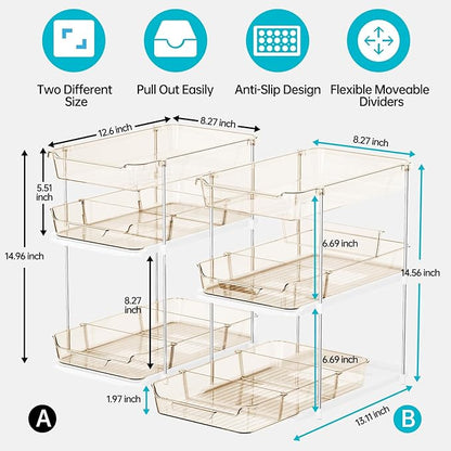 Delamu 2 Pack 3-Tier Bathroom Under Sink Organizers and Storage, Multi-Purpose Stackable Pantry Organization and Storage, Pull Out Clear Kitchen Bathroom Cabinet Organizer with Movable Dividers, Amber
