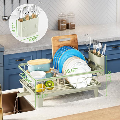 Urackify Dish Drying Rack for Kitchen Counter, Sink Dish Rack with Drainboard, Large Dish Drainer with Cups Holder, Home Countertop Plate Dryer Storage Rack with Cutlery Holder, Soft Celery Green