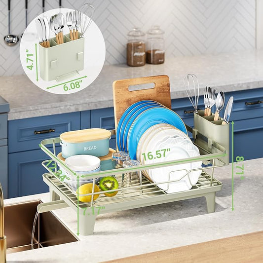 Urackify Dish Drying Rack for Kitchen Counter, Sink Dish Rack with Drainboard, Large Dish Drainer with Cups Holder, Home Countertop Plate Dryer Storage Rack with Cutlery Holder, Soft Celery Green