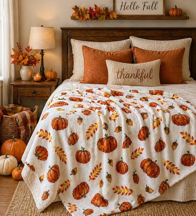Home Decor Farmhouse Fall Fleece Throw Blanket: Harvest Pumpkins Leaves and Wheat on Velvet Fleece, Oversized Measures 70" inches x 50" inches