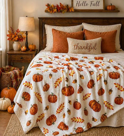 Home Decor Farmhouse Fall Fleece Throw Blanket: Harvest Pumpkins Leaves and Wheat on Velvet Fleece, Oversized Measures 70" inches x 50" inches