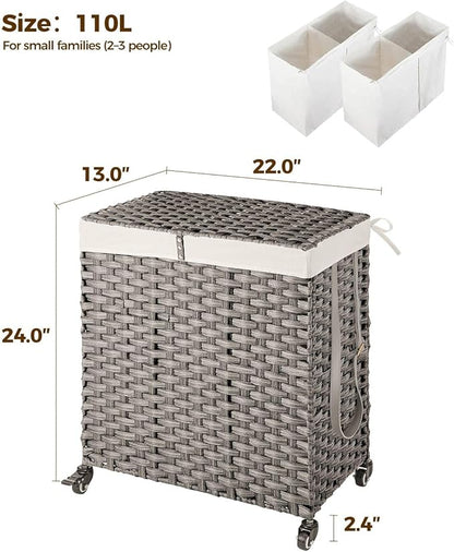 Greenstell Laundry Hamper with Wheels, No Install Needed, 110L Divided Handwoven Hampers & 2 Removable Liner Bags, Rattan Clothes Laundry Basket with Lid & Handles, Foldable Hampers Gray 22x13x26.4 In