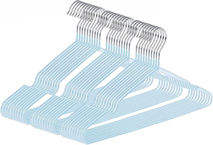 Ultra-Thin Metal Hangers, 30 Pack Non-Slip PVC Coated Space Saving Clothes Hangers for Closet, 16 inch Wide for Suits, Dresses, Jackets（Blue）