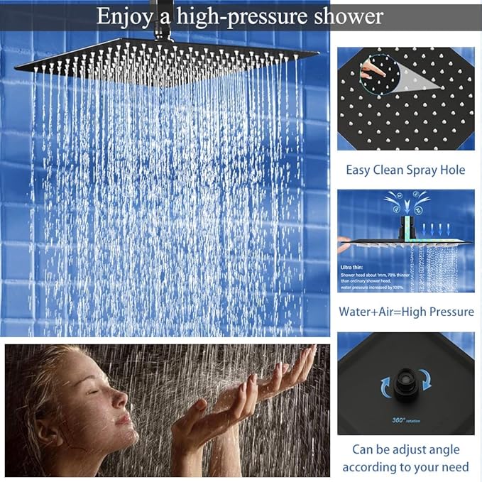12 Inch Matte Black Ceiling Mount Shower System Bathroom Luxury Rain Mixer Shower Combo Set Ceiling Rainfall Shower Head System Faucet Contain Rough-in Valve and Trim Included