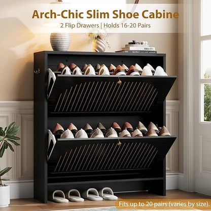 Nicetree Arch-Chic Shoe Cabinet for Entryway, Modern Mid-Century Shoe Storage Cabinet with Fluted, Narrow Shoe Rack with Adjustable Shelves & Tipping Protection, Fits Size 12 Shoes,Black