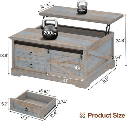 Itaar 39.4'' Lift Top Coffee Table with Storage, Farmhouse Coffee Tables for Living Room, Square Coffee Table with Large Hodden Compartment & 2 Drawrs & Adjustables Shelves (Blue)