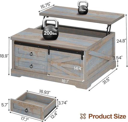 Itaar 39.4'' Lift Top Coffee Table with Storage, Farmhouse Coffee Tables for Living Room, Square Coffee Table with Large Hodden Compartment & 2 Drawrs & Adjustables Shelves (Blue)