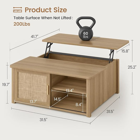 SEDETA 31.5" Lift Top Coffee Table with Storage, Square Coffee Tables for Living Room, Farmhouse Coffee Table with Large Hidden Storage Compartment and Adjustable Shelves, Rattan Oak