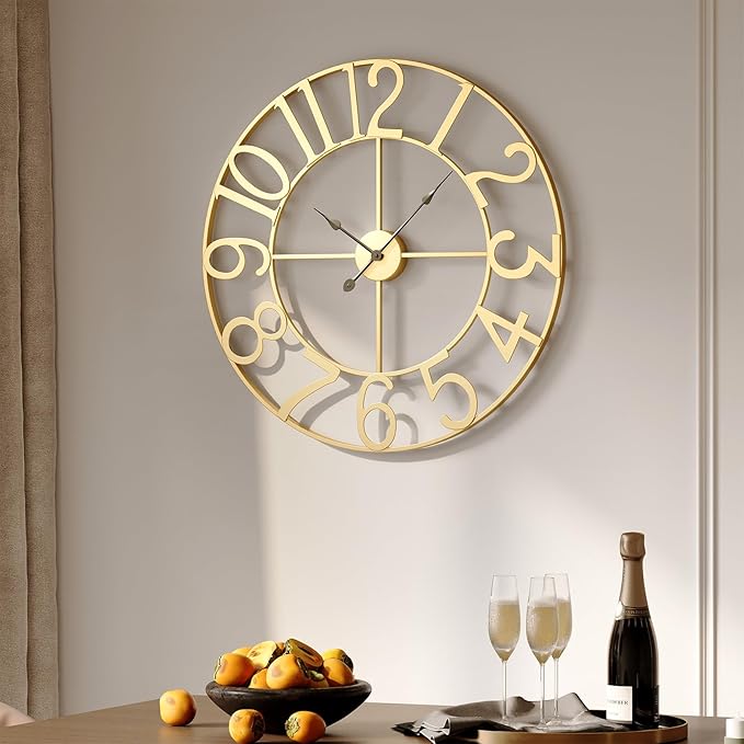 Gold Wall Clock 16 Inch, Decorative Wall Clocks Battery-Operated, Modern Metal Round Clock Silent Non Ticking Arabic Numerals for Living Room Kitchen Mantel Bedroom Office, Gold Wall Decor