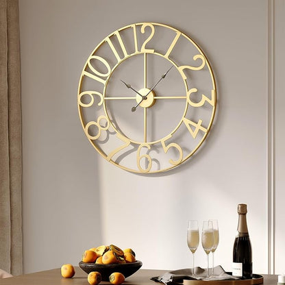 Gold Wall Clock 16 Inch, Decorative Wall Clocks Battery-Operated, Modern Metal Round Clock Silent Non Ticking Arabic Numerals for Living Room Kitchen Mantel Bedroom Office, Gold Wall Decor