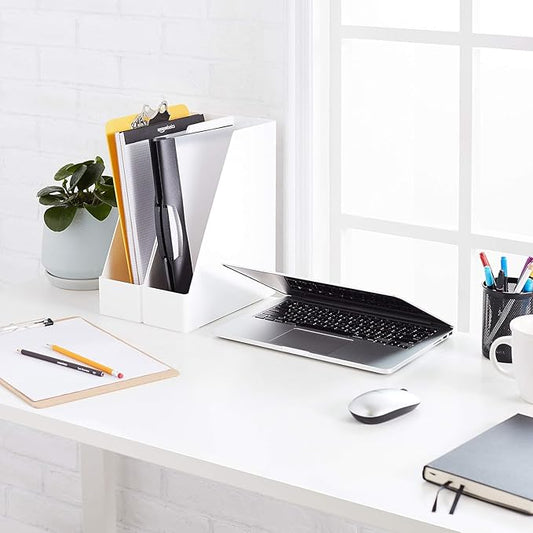 Amazon Basics Rectangular Plastic Desk Organizer, Magazine Rack, White, 2-Pack