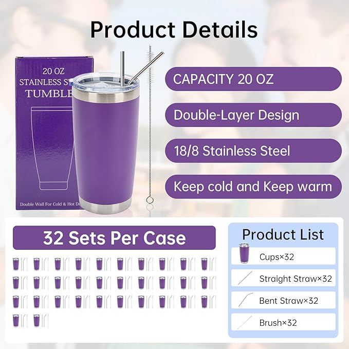 IEOVIEE 32 Pack, 20oz Stainless Steel Bulk Tumblers with Lids and Straws, Double Wall Insulated Travel Coffee Mug, Durable Powder Coated Tumbler Bulk Cup for Cold and Hot Drinks(Purple)