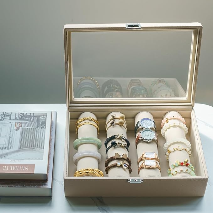 Bracelets Organizer Rods Bangles Display Holder, Clear See through Lid Leather Velvet Jewelry Storage Box Case for Women, 4 Rods Apricot Leather