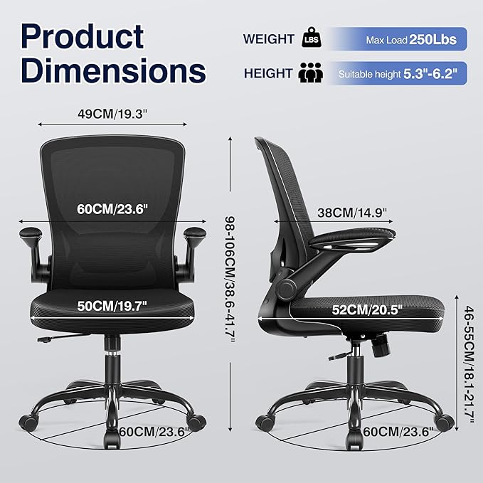 Ergonomic Office Chair, Mesh Computer Chairs with Lumbar Support, Swivel Desk Chair with Flip-up Arms and Adjustable Height, Black Pack of 8