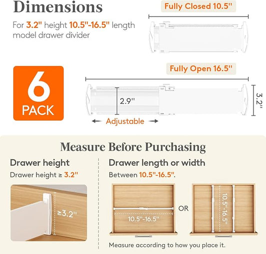 Lifewit Drawer Dividers for Clothes, 3.2" High 10.5"-16.5" Expandable Dresser Drawer Organizers, Adjustable White Plastic Separators for Kitchen, Cabinet, Nursery, Socks & Underwear Storage, 6 Pack