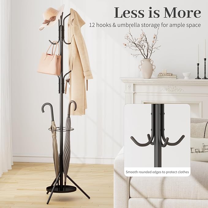 Kitsanery Coat Rack Freestanding,Metal Coat Tree with Umbrella Holder,Hat and Coat Rack Stand for Entryway, Hallway, Living Room, Bedroom (Black)