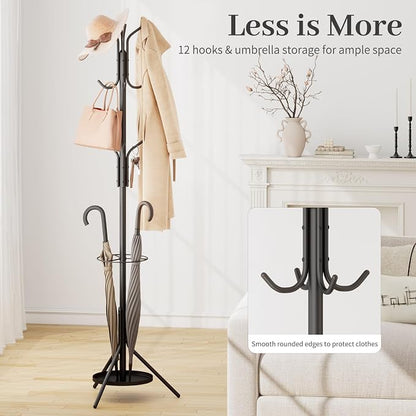 Kitsanery Coat Rack Freestanding,Metal Coat Tree with Umbrella Holder,Hat and Coat Rack Stand for Entryway, Hallway, Living Room, Bedroom (Black)