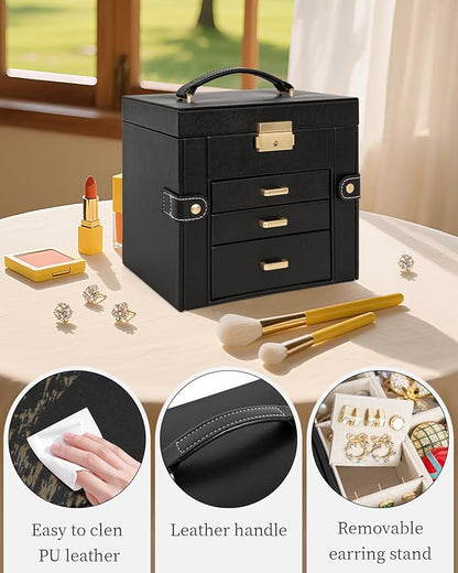 TORIBIO Jewelry Box for Women, Leather Jewelry Organizer with Mirror & Lock, 4-Tier Jewelry Storage Organizer with 3 Drawers for Girls/Women/Mothers, Necklace Earring Bracelets Holder Organizer