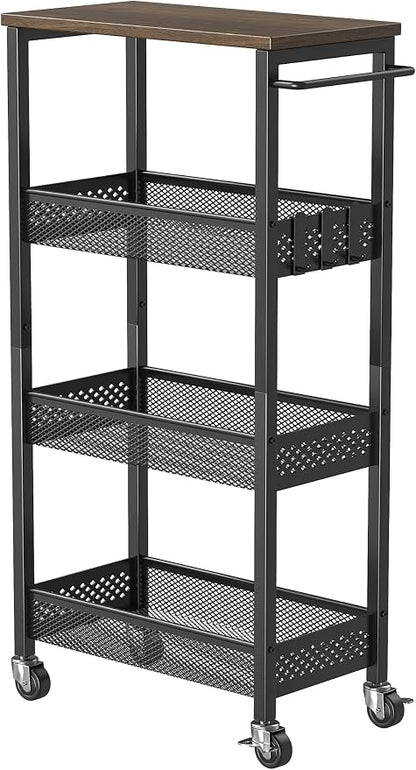 XYZLVSI Slim Storage Cart 4 Tier Fruit and Vegetable Baskets for Kitchen Small Space, Narrow Laundry Cart on Wheels with Wooden Top and Metal Handle for Pantry, Bathroom, Laundry Room