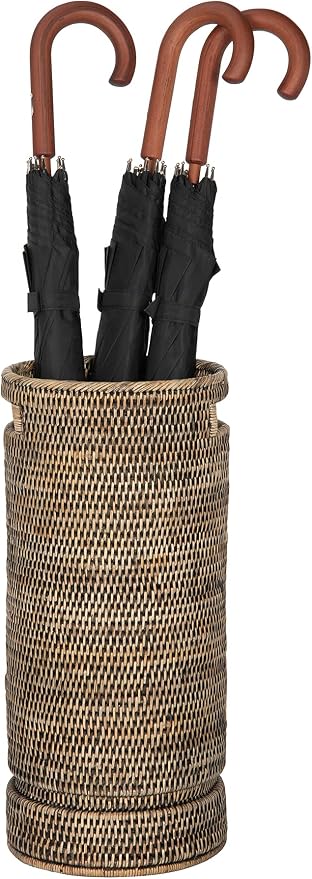 Kouboo La Jolla Round Rattan Umbrella Stand with Water Catch Black-Wash