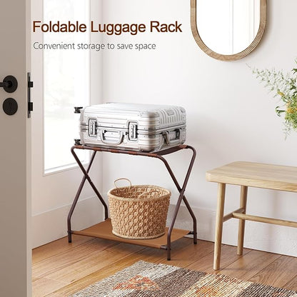 AMHANCIBLE Luggage Rack, Set of 2, Foldable Suitcase Stands for Guest Room, Metal Luggage Holder with Storage Shelf for Bedroom, Hotel, Easy Assemble, Bronz HLR02BZ