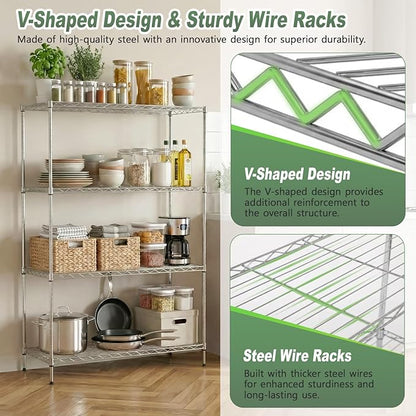 BestOffice 4-Tier Wire Shelving Unit, 1000 LBS Heavy Duty Metal Storage Shelves, Adjustable Wire Shelf for Garage, Kitchen, Pantry, Utility Shelving Rack with Leveling Feet, Chrome