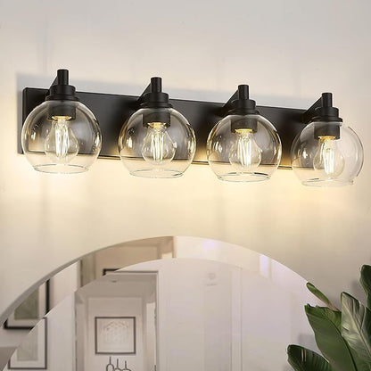 Bathroom Light Fixtures, 4 Light Matte Black Vanity Light, 26 Inch Modern Wall Sconces with Globe Clear Glass Shade, Vanity Lighting Fixtures Over Mirror, VL195-MB-CL-4
