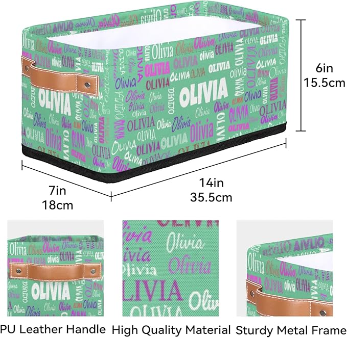 Custom Small Storage Basket Name, Mint Green Rectangular Storage Bins with Handles Organizing Boys Girls Pets Toys Clothes Books for Countertop Toilet Paper Basket Closet Shelf