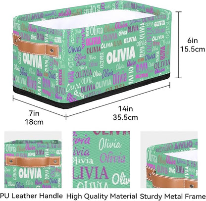 Custom Small Storage Basket Name, Mint Green Rectangular Storage Bins with Handles Organizing Boys Girls Pets Toys Clothes Books for Countertop Toilet Paper Basket Closet Shelf