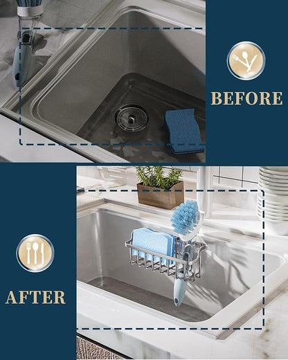 Consumest Sponge Holder Sink Caddy - Ladder Shaped Sponge Holder for Kitchen Sink with 2 Installation Ways (Suction Cups & Adhesive Hook), Rustproof Stainless Steel Kitchen Organizer, Sand Nickel