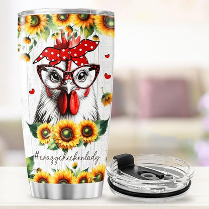 Crazy Chicken Lady Gift for Women, Funny Sunflower Chicken Cup 20oz Stainless Steel Insulated Tumbler, Rustic Farm Style Travel Mug for Chicken Lovers, Backyard Farmers, Mom or Wife