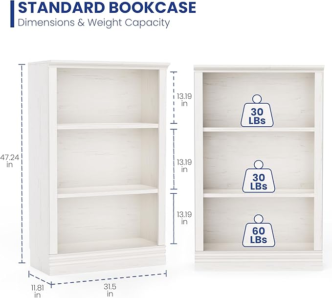 3-Shelf Bookcase, 47" Tall Floor Standing Bookshelf with Adjustable Shelves, Storage & Display Shelf for Living Room, Bedroom, Home Office – Cream White, 31.5" Wide