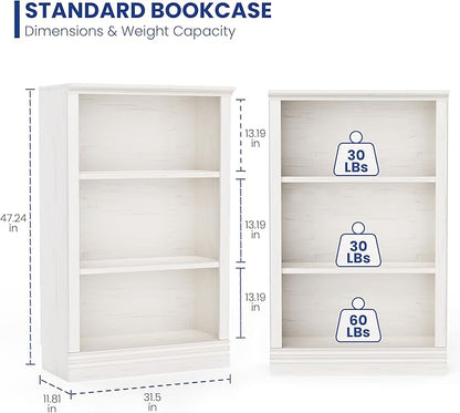 3-Shelf Bookcase, 47" Tall Floor Standing Bookshelf with Adjustable Shelves, Storage & Display Shelf for Living Room, Bedroom, Home Office – Cream White, 31.5" Wide