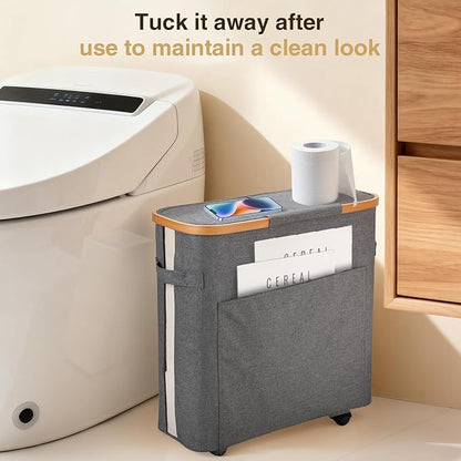 Toilet Paper Storage Organizer with Lid and Wheels, 33L Slim Bathroom Hamper - Holds 16 Rolls, Mobile Laundry Basket for Bathroom, Bedroom, Dorm, Foldable & Waterproof (Grey)