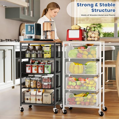 Goovilla Kitchen Cart with Drawers, 4 Tier Metal Rolling Utility Cart Organizer on Lockable Wheels with Wooden Top, Black Fruit Vegetable Storage Rack Also for Cans, Snack, Craft, Art, Office, Beauty