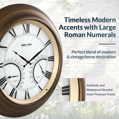 ANDY STAR 24 Inch Outdoor Clocks Waterproof,Large Outdoor Wall Clocks for Patio with Thermometer Combo, Silent Weatherproof Illuminated Metal Clock Battery Operated with Thermometer&Hygrometer, Bronze